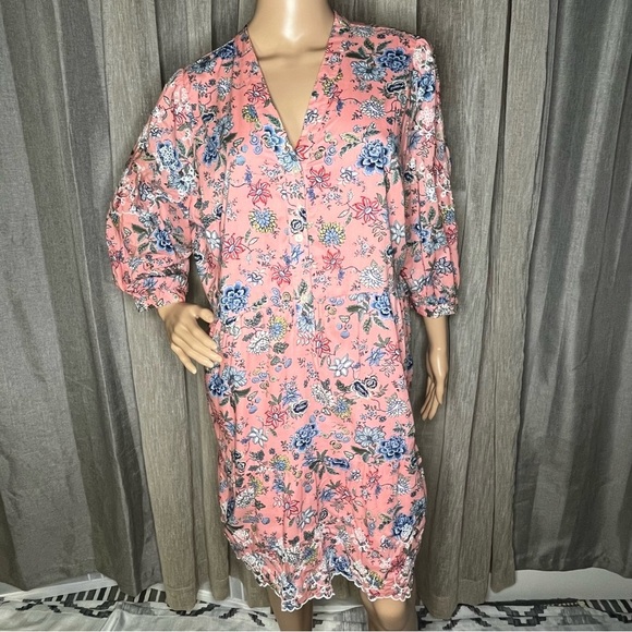 LOFT Pink Floral Swing Dress 3/4 Sleeve Lined Embroidered Scalloped Hem Size 16P - Picture 3 of 12